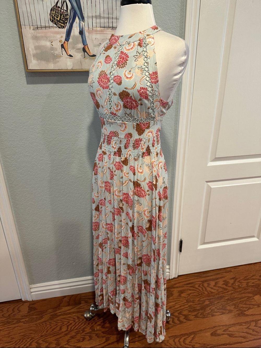 Jaase Sz Small Halter Maxi Dress in Light Blue and Pink Floral with Sexy Back - Picture 5 of 11